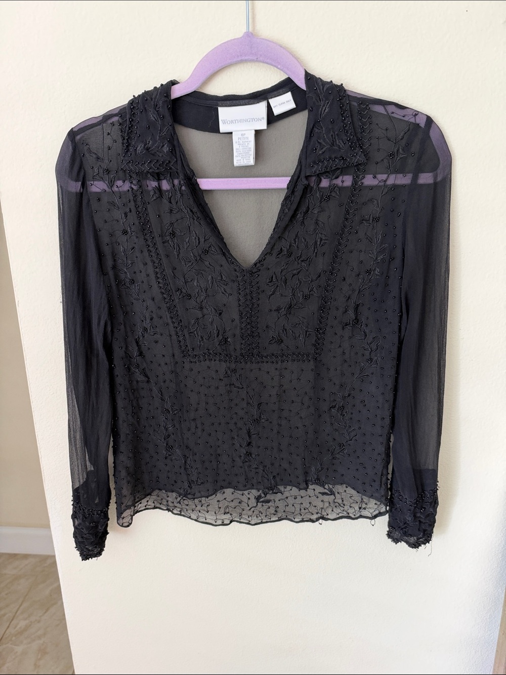 Worthington Vtg silk black sheer whimsy goth boho beaded embroidered blouse